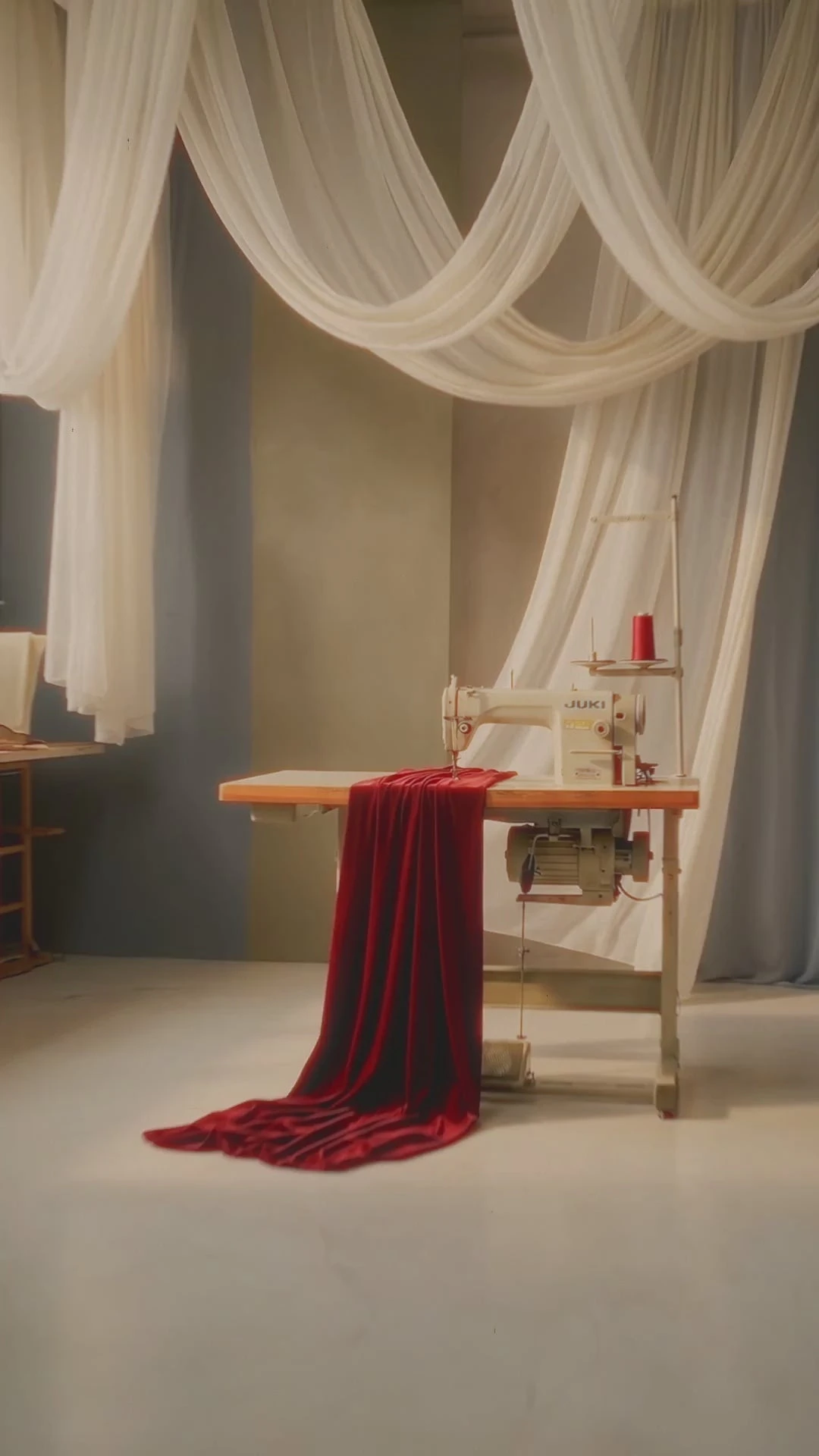 Silae homepage hero — sewing studio with draped fabric